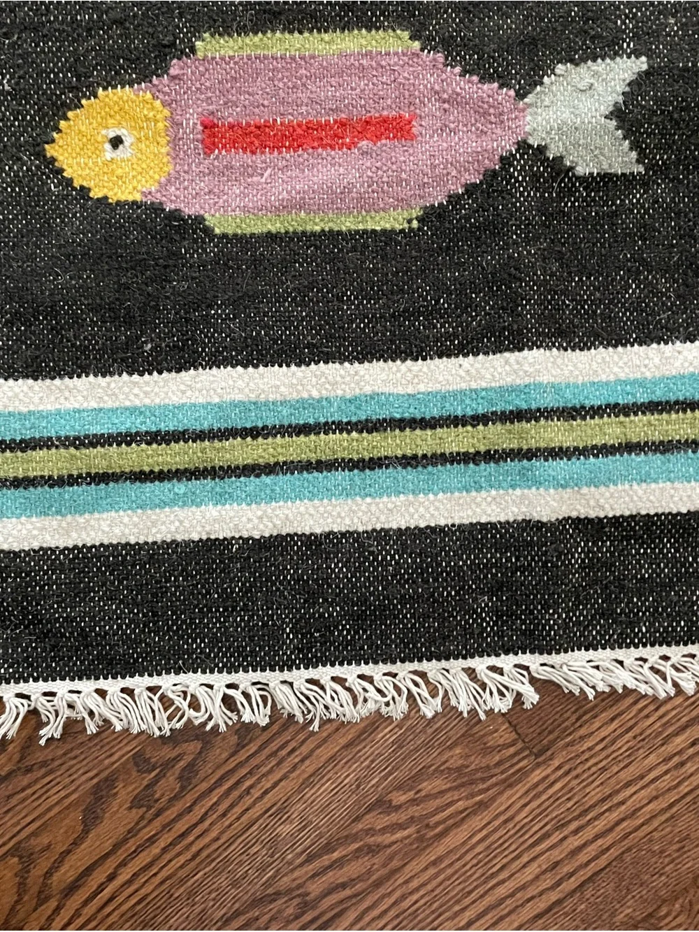Woven 2x3 Fish Motifs Accent Kilim Rug Black Multicolor Striped with Fringe